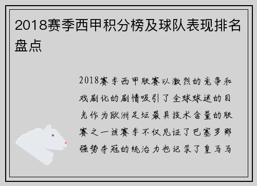 2018赛季西甲积分榜及球队表现排名盘点