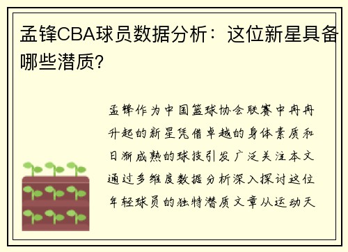 孟锋CBA球员数据分析：这位新星具备哪些潜质？
